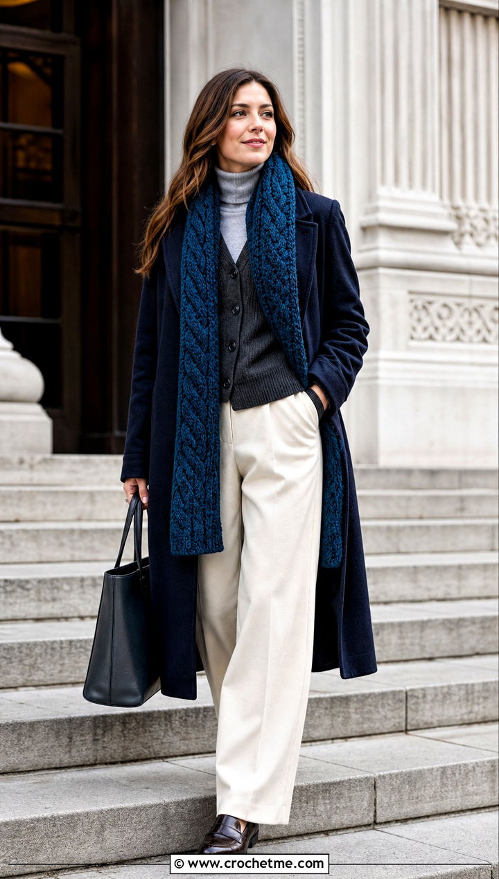 Cable Look Crochet Scarf With Cardigan and Wool Trousers - 35 Winter Crochet Scarf outfit ideas