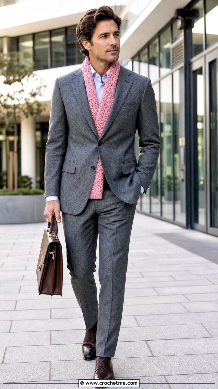 Cable Look Crochet Scarf With Gray Suit - 35 crochet scarf for men outfit ideas