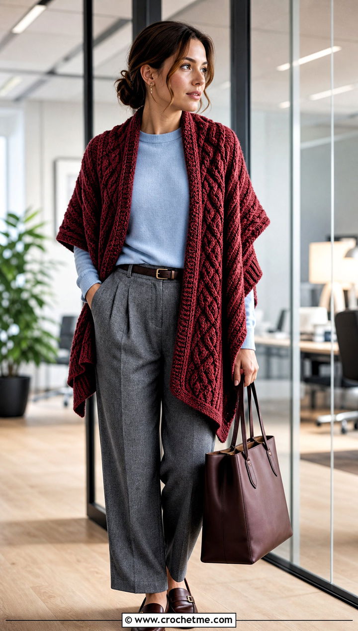 Cable Look Crochet Shawl With Pleated Trousers - 30 winter crochet shawl outfit ideas