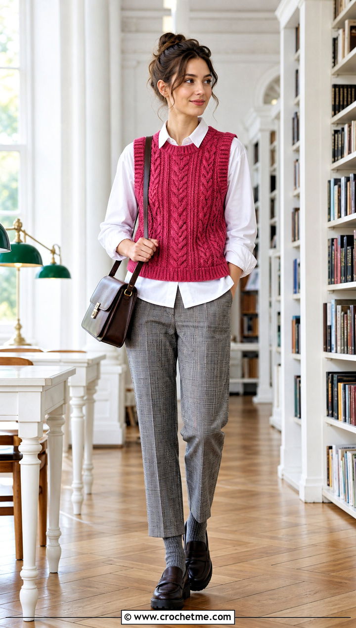 Cable Look Crochet Sleeveless Vest With Plaid Trousers - 35 crochet sleeveless vest outfit ideas