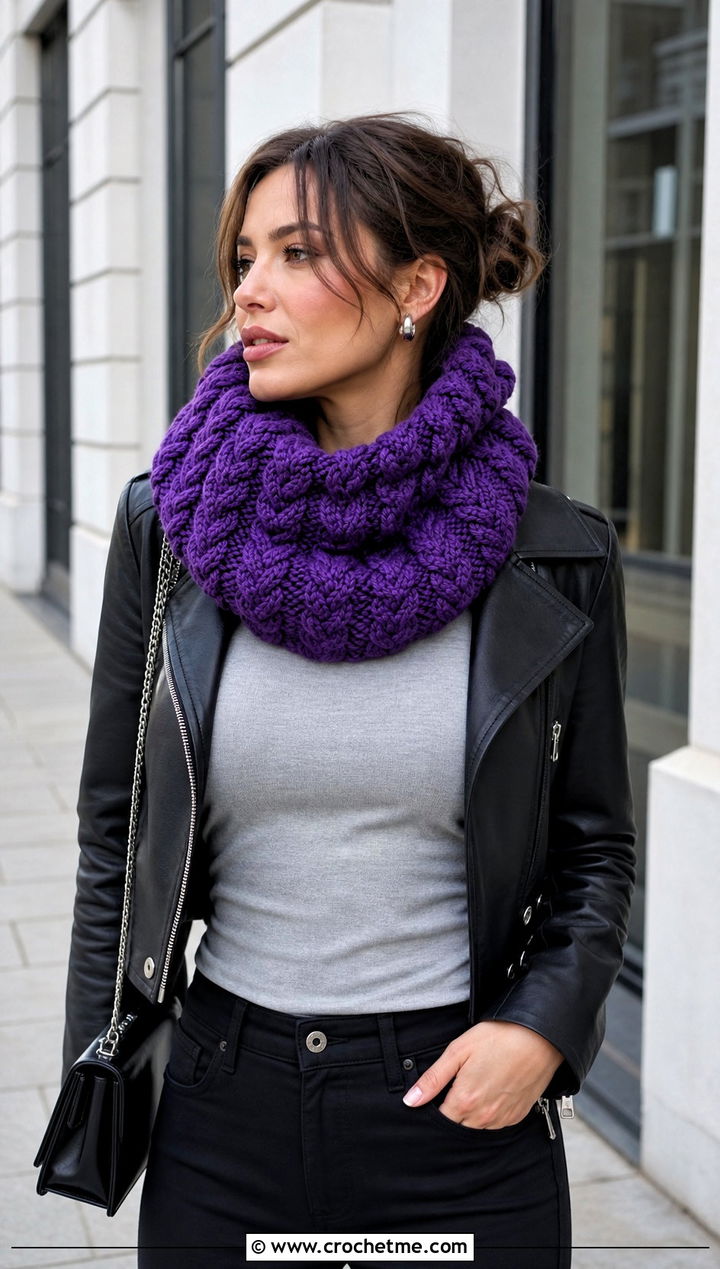 Cable Look Crochet Snood Scarf With a Biker Jacket - 25 crochet snood scarf outfit ideas