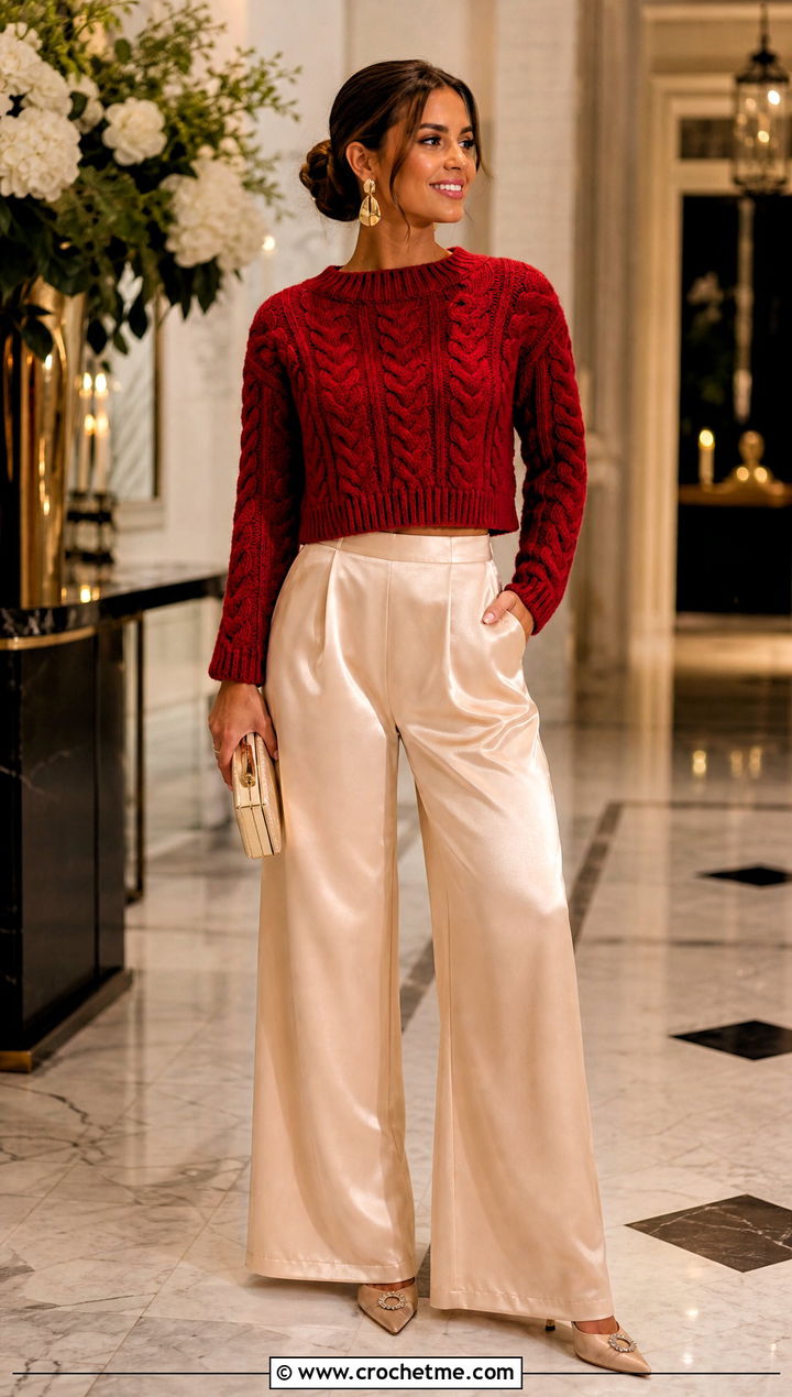 Cable Look Crochet Sweater Top With Satin Pants - 35 Crochet Top Sweater outfit ideas