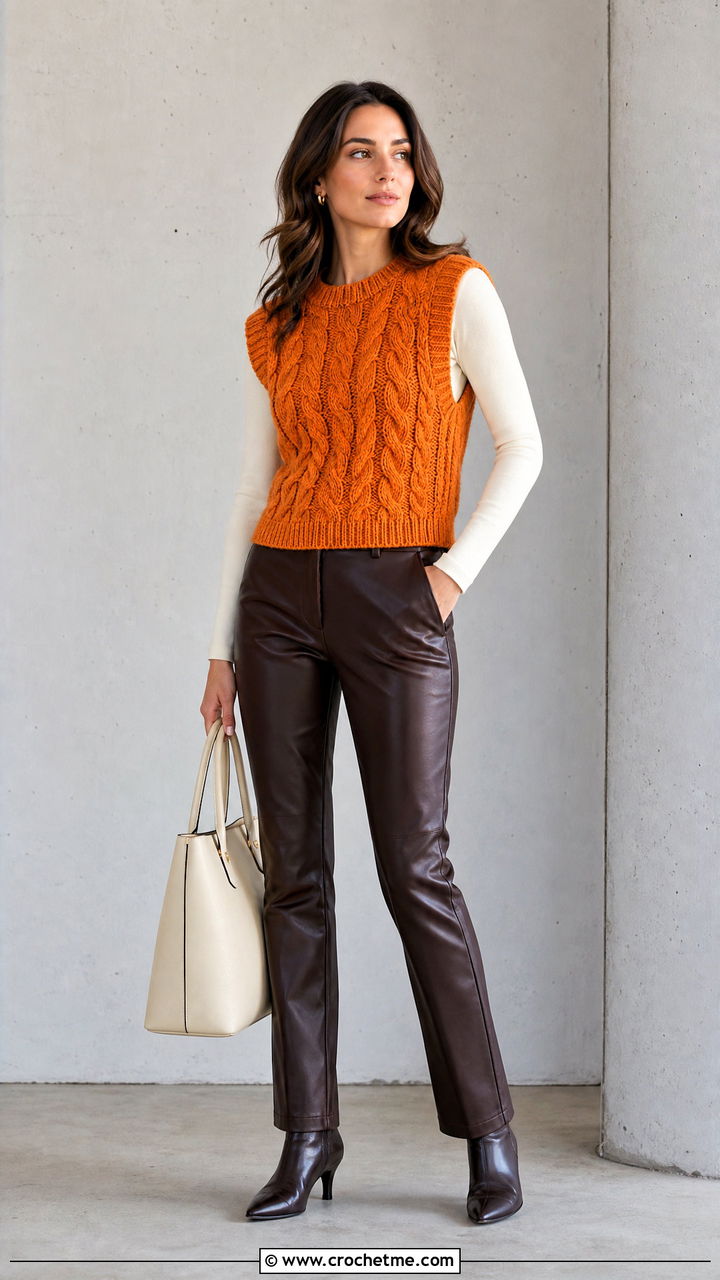 Cable Look Crochet Sweater Vest With Leather Pants - 35 crochet sweater vest outfit ideas