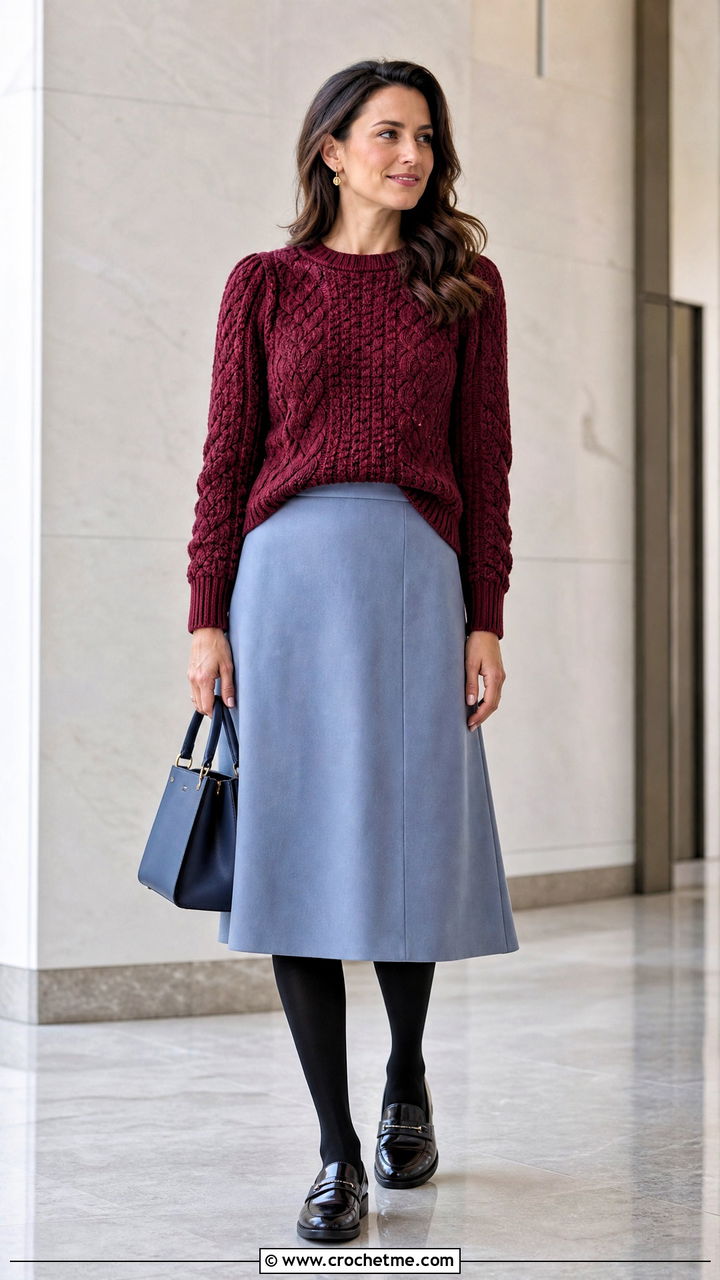 Cable Look Crochet Sweater With A Line Skirt - 35 crochet sweater design for women outfit ideas