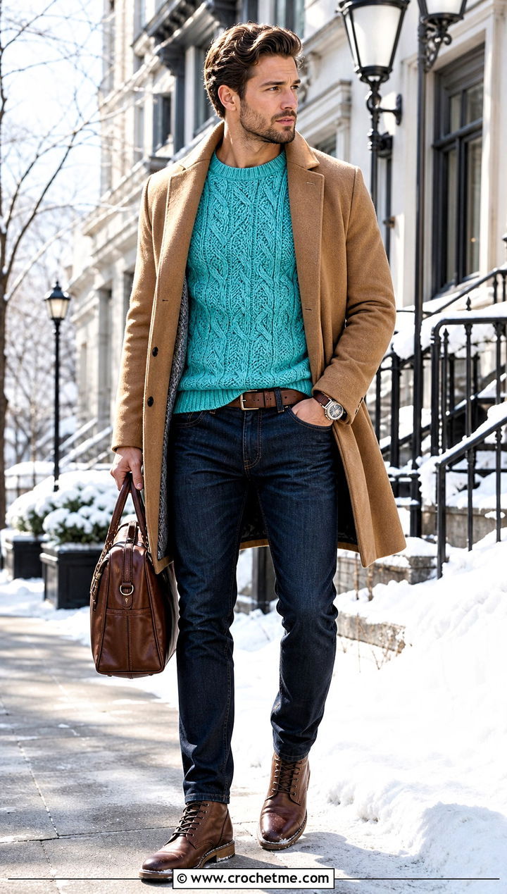 Cable Look Crochet Sweater With Dark Wash Jeans - 25 Mens Crochet Sweaters outfit ideas