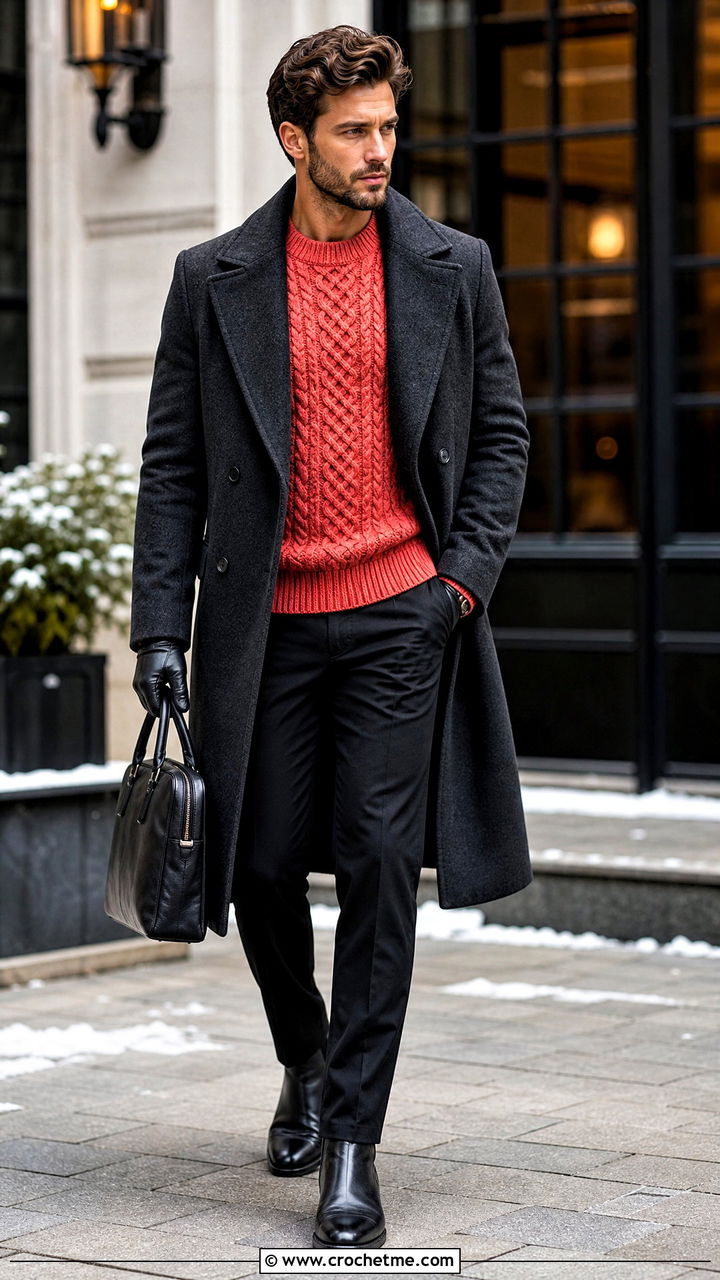 Cable Look Crochet Sweater With Overcoat - 35 crochet mens sweater outfit ideas