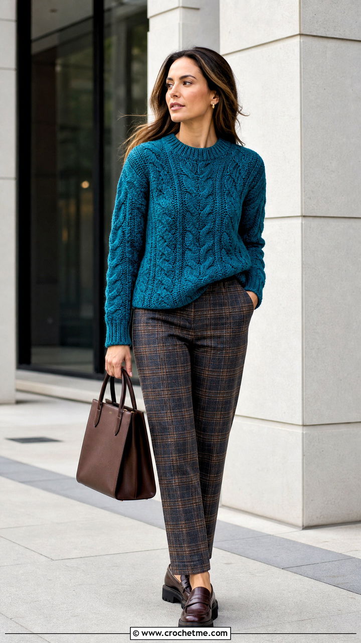 Cable Look Crochet Sweater With Plaid Trousers - 35 crochet sweaters women outfit ideas