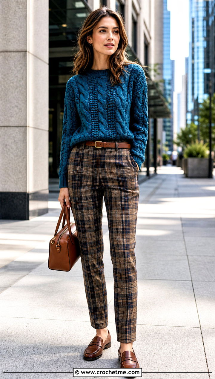 Cable Look Crochet Sweater With Plaid Trousers - 30 unique crochet sweater outfit ideas