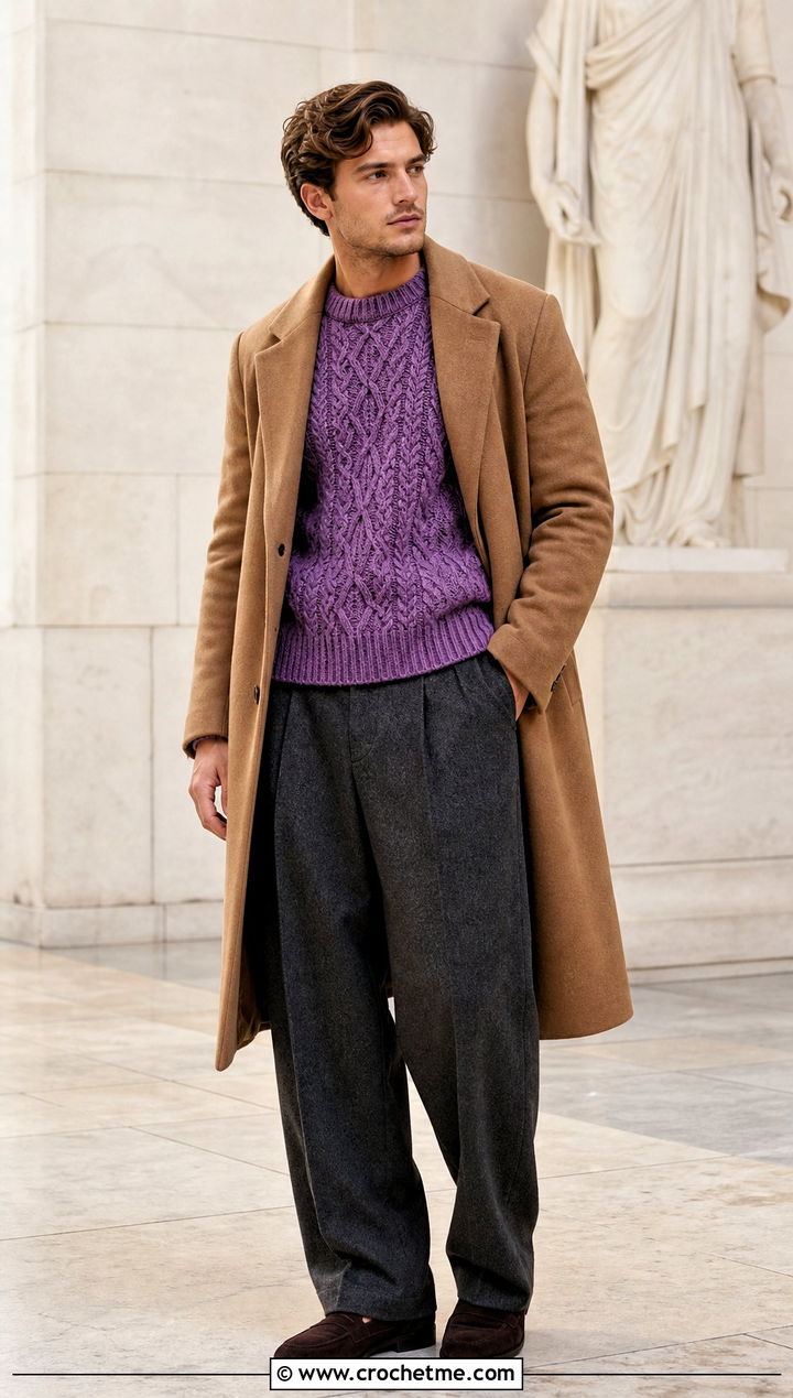 Cable Look Crochet Sweater With Wool Trousers - 30 male crochet sweater outfit ideas