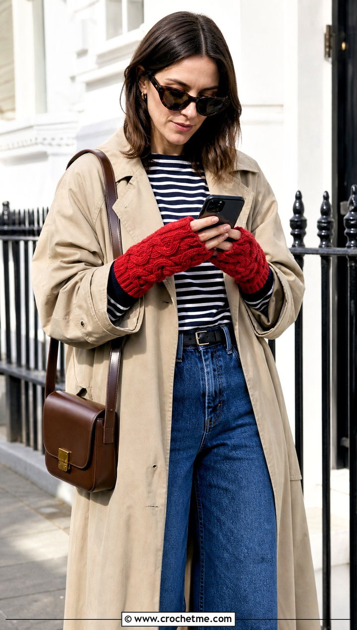 Cable Look Crochet Texting Gloves With Trench Coat - 15 Crochet Texting Gloves outfit ideas