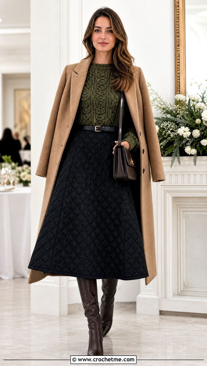 Cable Look Crochet Top With Quilted Skirt - 35 winter crochet top outfit ideas