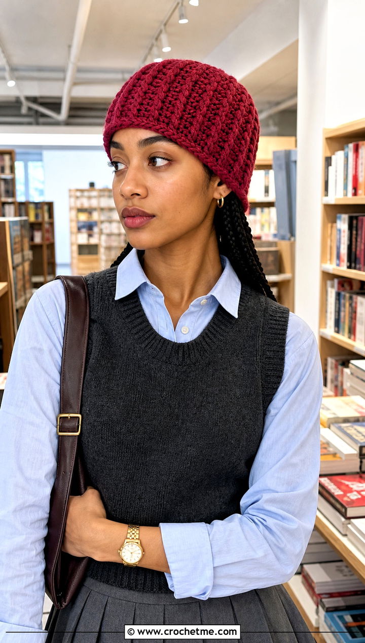Cable Look Crochet Tube Hat With Sweater Vest - 25 Crochet Tube Hat outfit ideas
