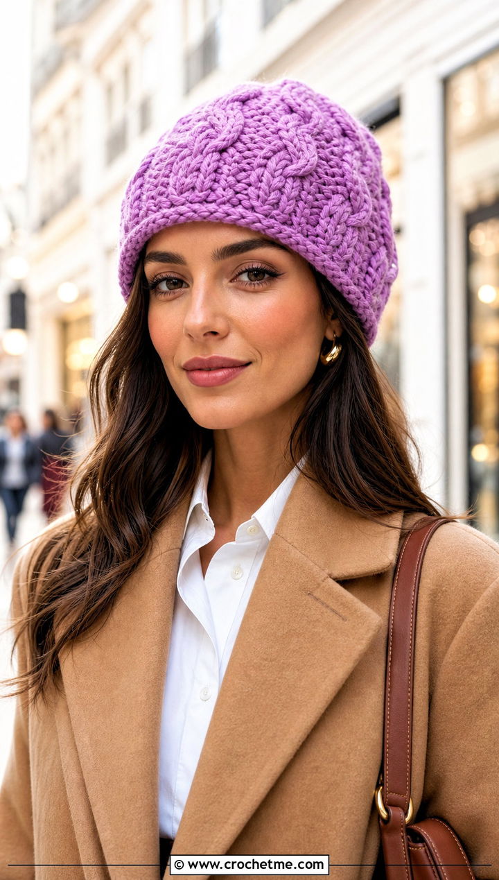 Cable Look Doll Crochet Beanie With Camel Coat - 20 Doll Crochet Beanie outfit ideas