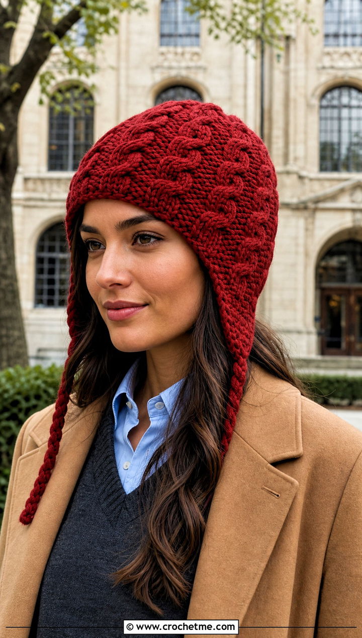 Cable Look Earflap Crochet Beanie With Preppy Layers - 25 Earflap Crochet Beanie outfit ideas