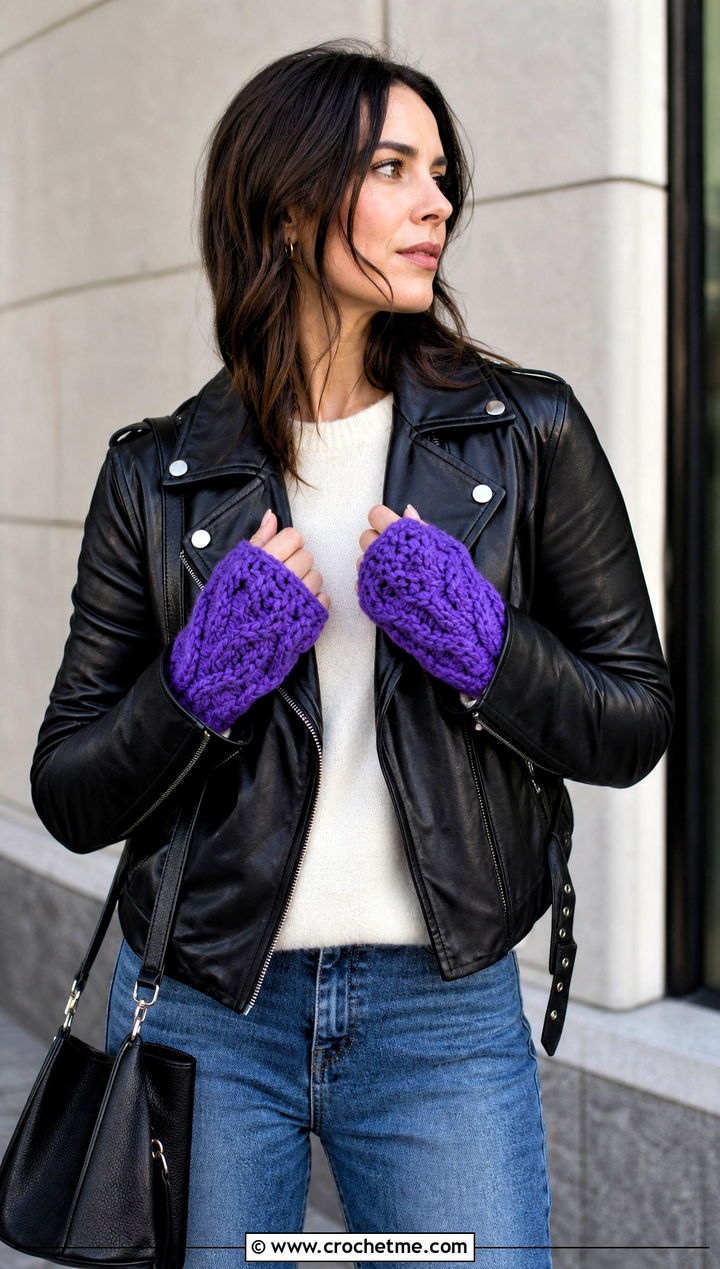 Cable Look Fingerless Gloves With Leather Jacket - 25 Crochet Fingerless Gloves Bulky Yarn outfit ideas