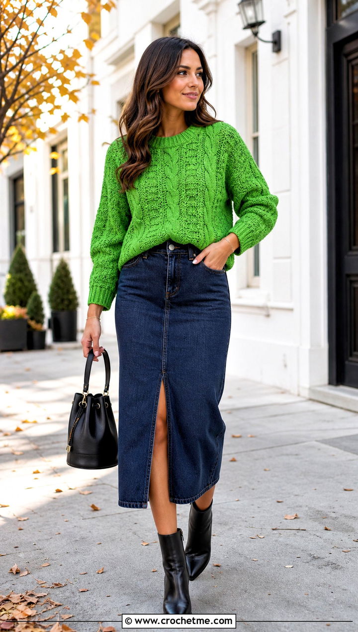 Cable Look Half Double Crochet Sweater With Denim Midi Skirt - 30 half double crochet sweater outfit ideas