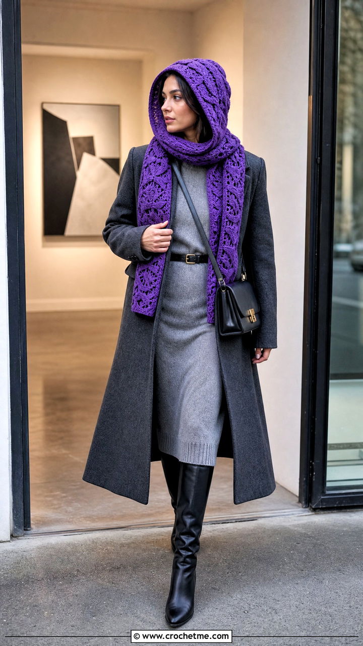 Cable Look Hooded Scarf With Sweater Dress - 35 crochet hooded scarf outfit ideas