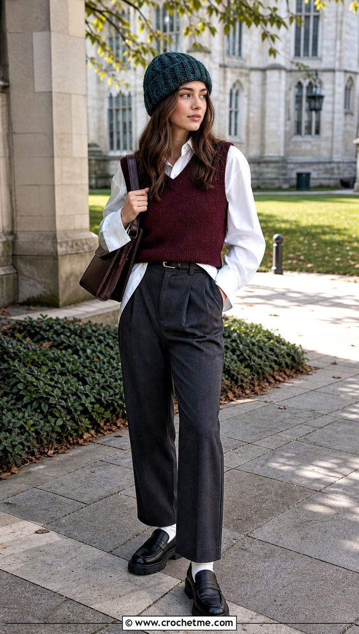 Cable Look Mohair Crochet Beanie With Sweater Vest And Pleated Pants - 35 Mohair Crochet Hat outfit ideas