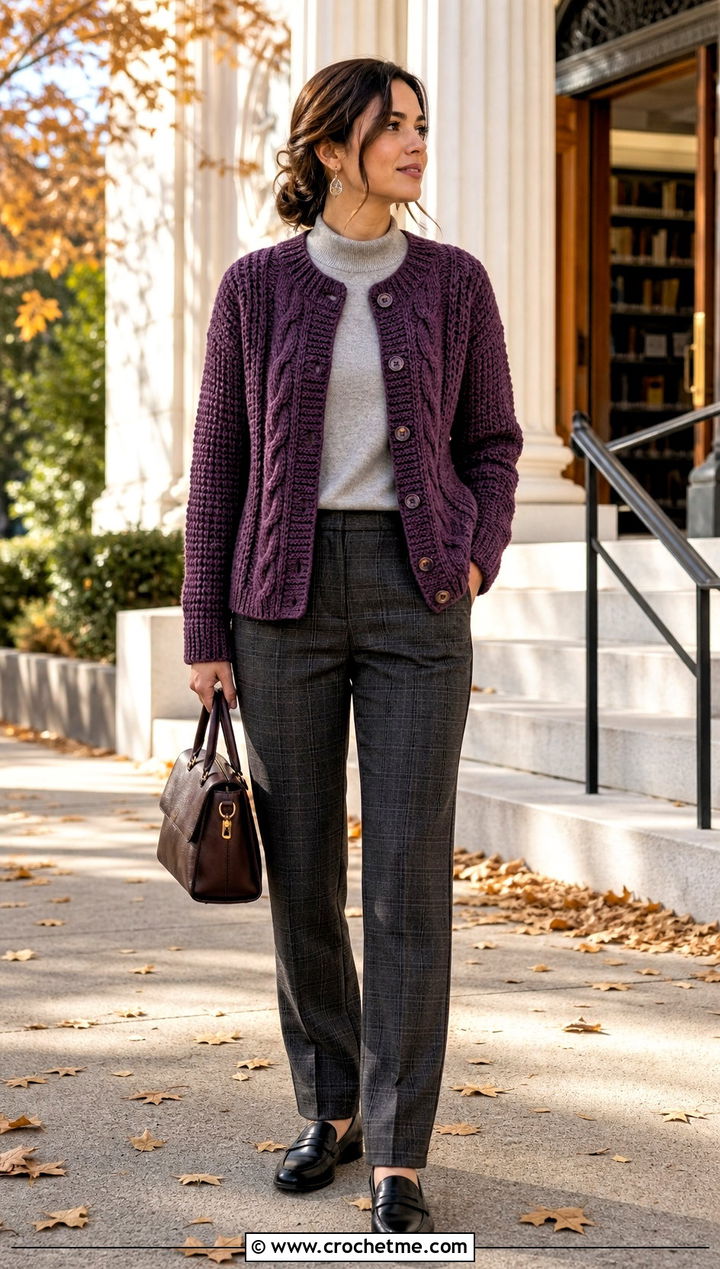 Cable Look Purple Crochet Cardigan With Plaid Trousers - 35 purple crochet cardigan outfit ideas
