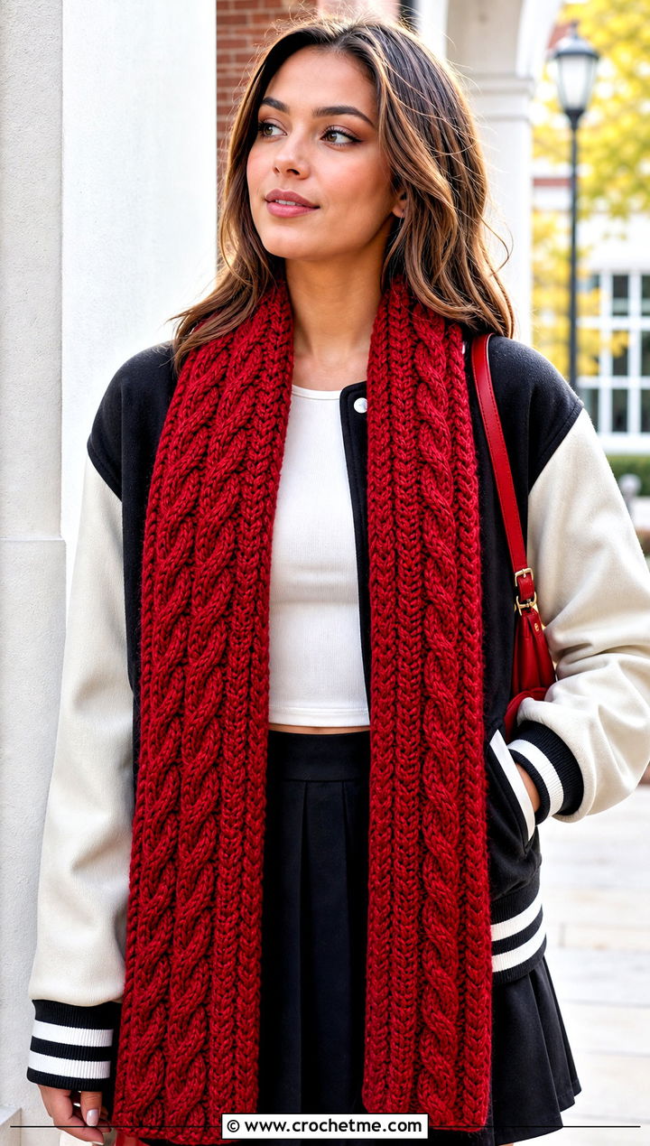 Cable Look Red Crochet Scarf With Varsity Jacket And Pleated Skirt - 25 taylor swift red crochet scarf outfit ideas