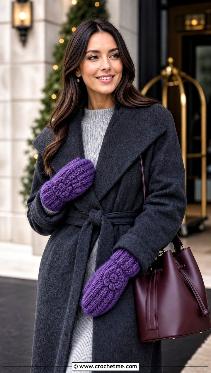 Cable Look Ribbed Mittens With Sweater Dress - 15 Crochet Ribbed Mittens outfit ideas