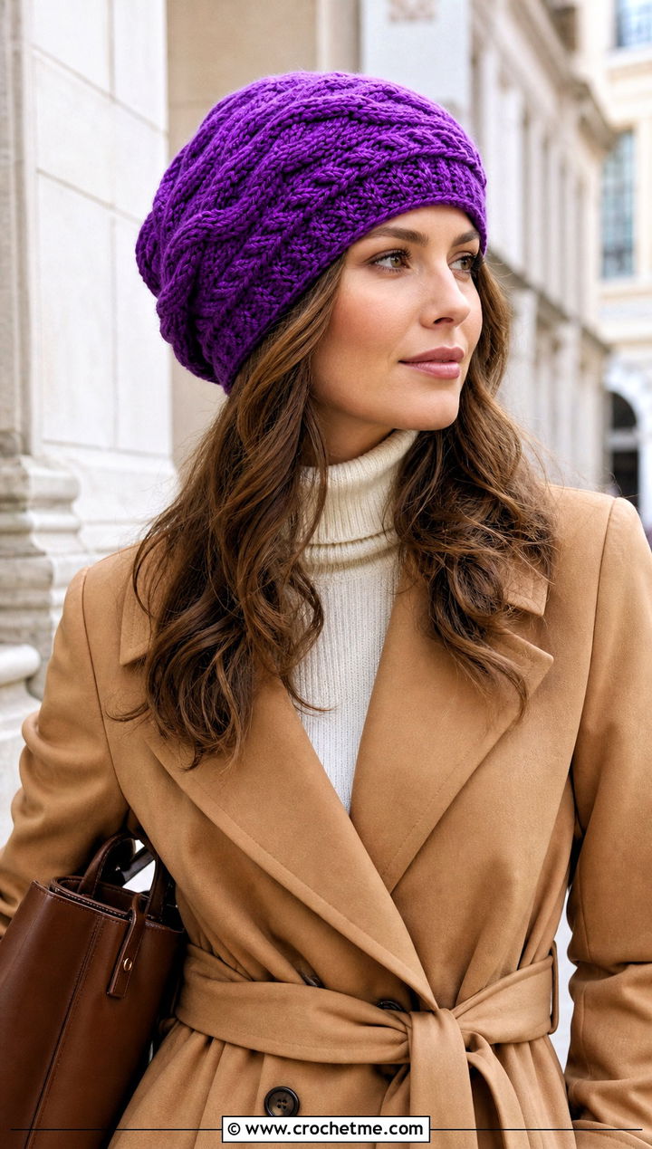 Cable Look Slightly Slouchy Crochet Hat With Trench Coat - 15 Slightly Slouchy Crochet Hat outfit ideas