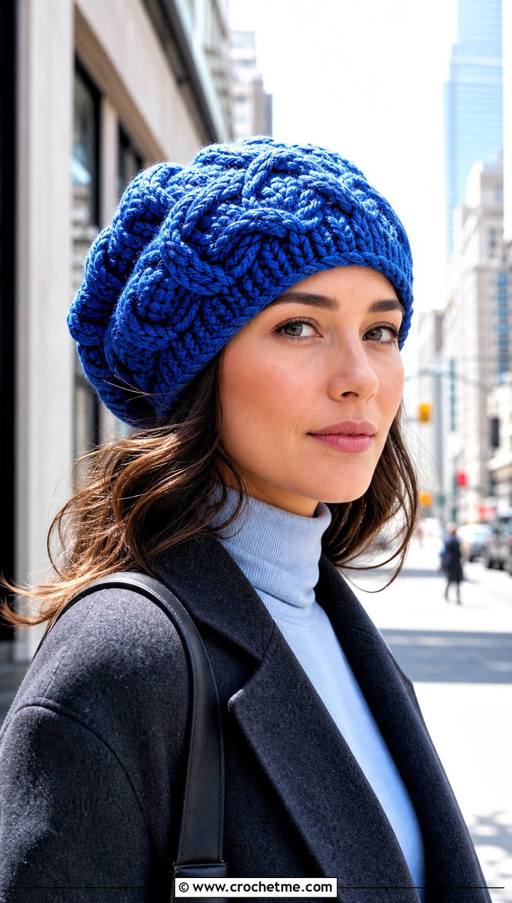 Cable Look Slouch Crochet Hat With Tailored Coat - 30 slouch crochet hat outfit ideas