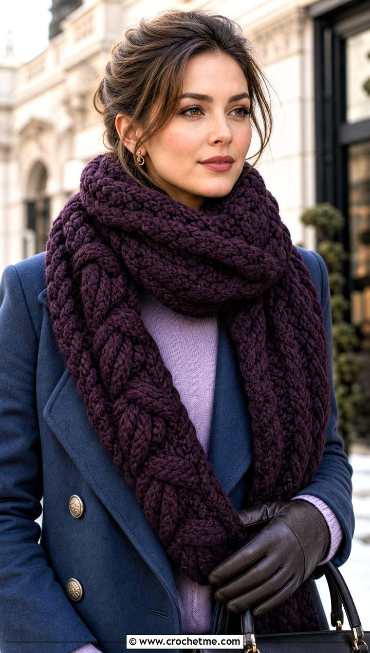 Cable Look Super Bulky Crochet Scarf With Peacoat - 15 Super Bulky Crochet Scarf outfit ideas
