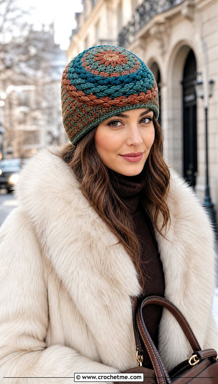 Cable Mandala Crochet Beanie With Faux Fur Coat - 20 Mandala Crochet Beanie outfit ideas