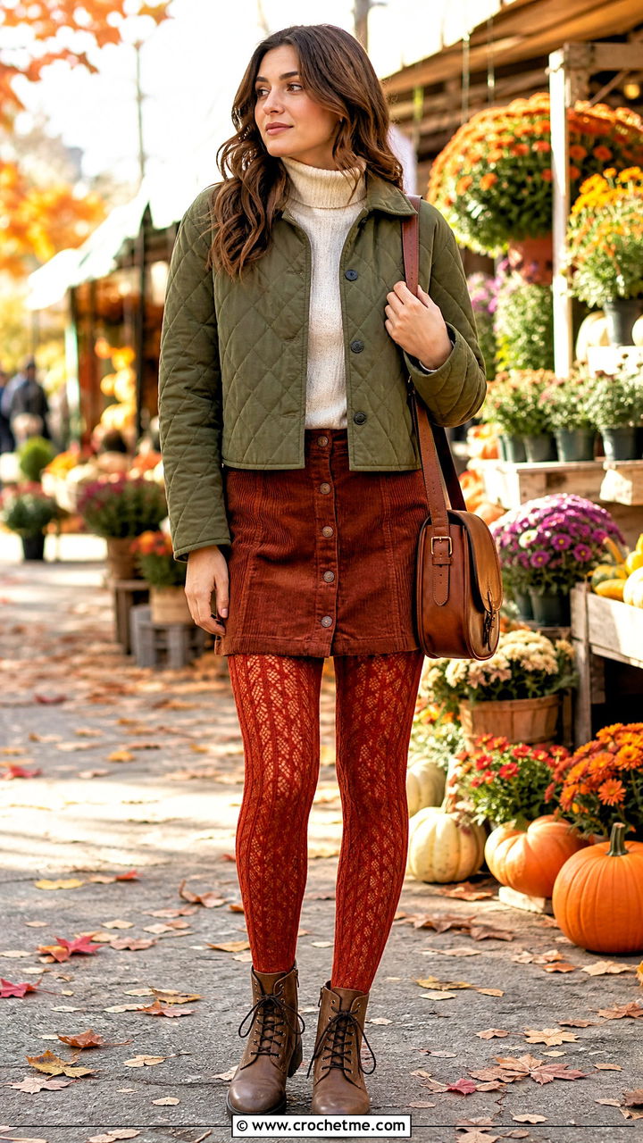 Cable Mesh Crochet Fishnet Stockings With Corduroy Skirt - 35 crochet fishnet stockings outfit ideas