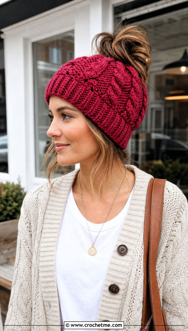 Cable Messy Bun Crochet Hat With Cardigan - 25 Cable Knit Crochet Hat outfit ideas