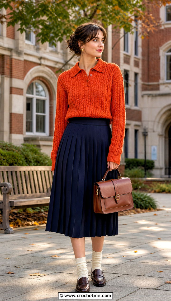 Cable Polo Crochet Sweater With Pleated Midi Skirt - 25 Cable Knit Crochet Sweater outfit ideas