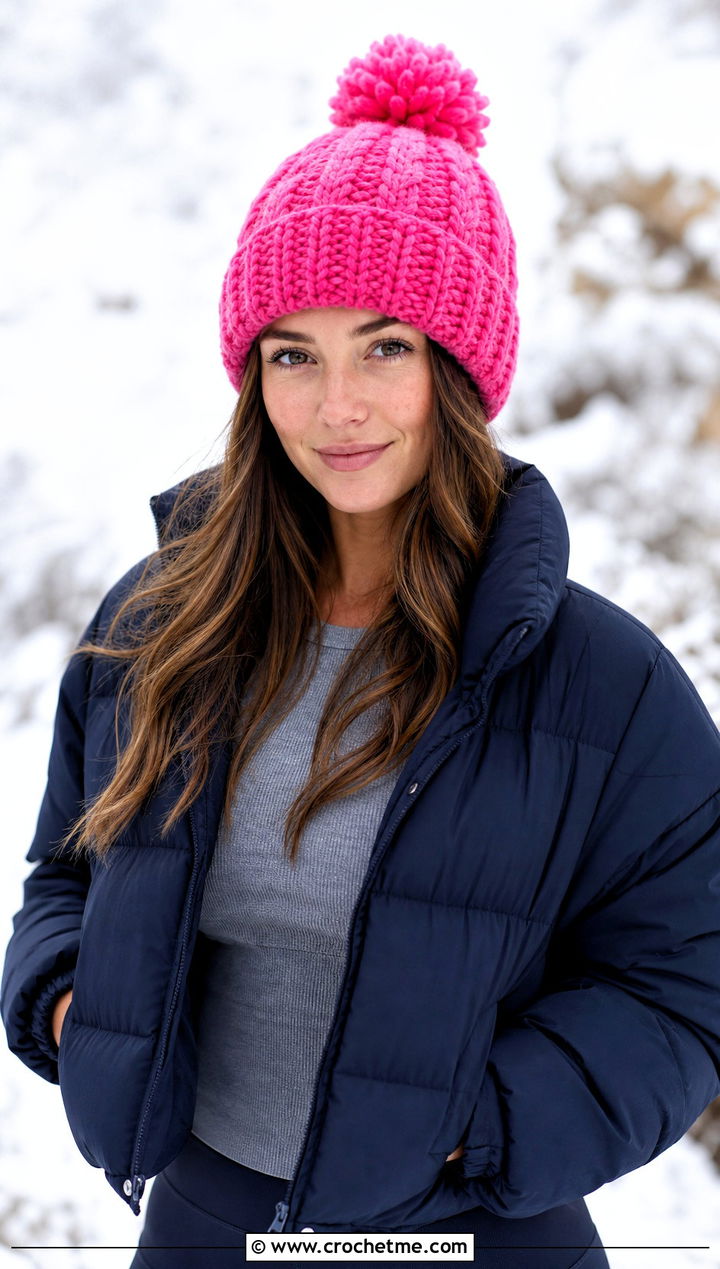 Cable Pom Pom Beanie With Puffer Jacket - 25 Cable Knit Crochet Hat outfit ideas