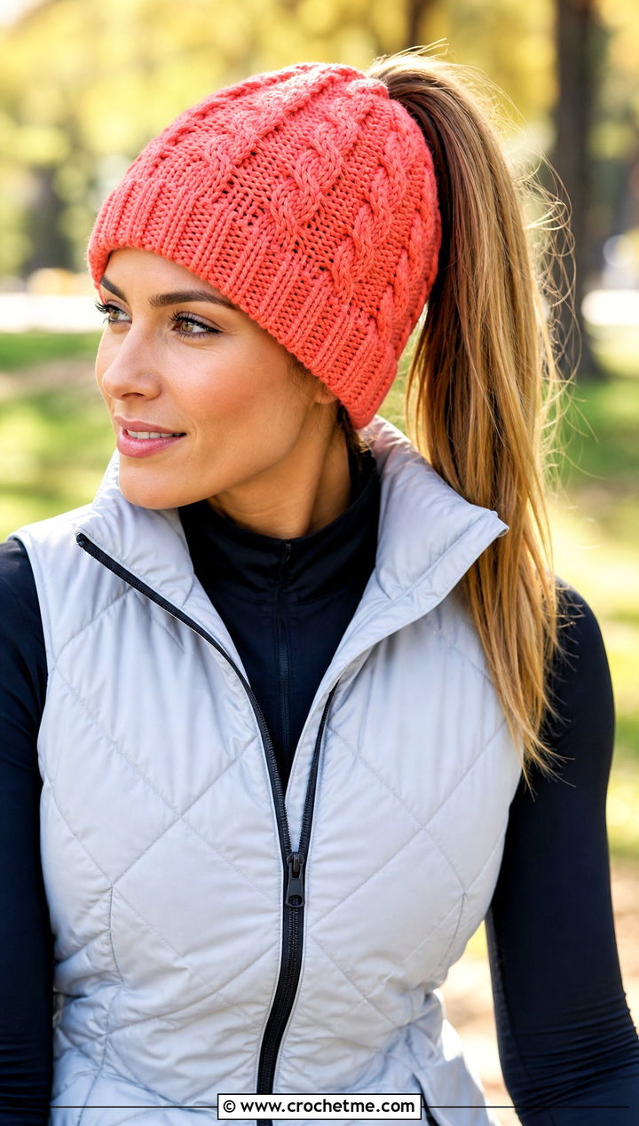 Cable Ponytail Crochet Beanie With Activewear - 25 Cable Knit Crochet Hat outfit ideas