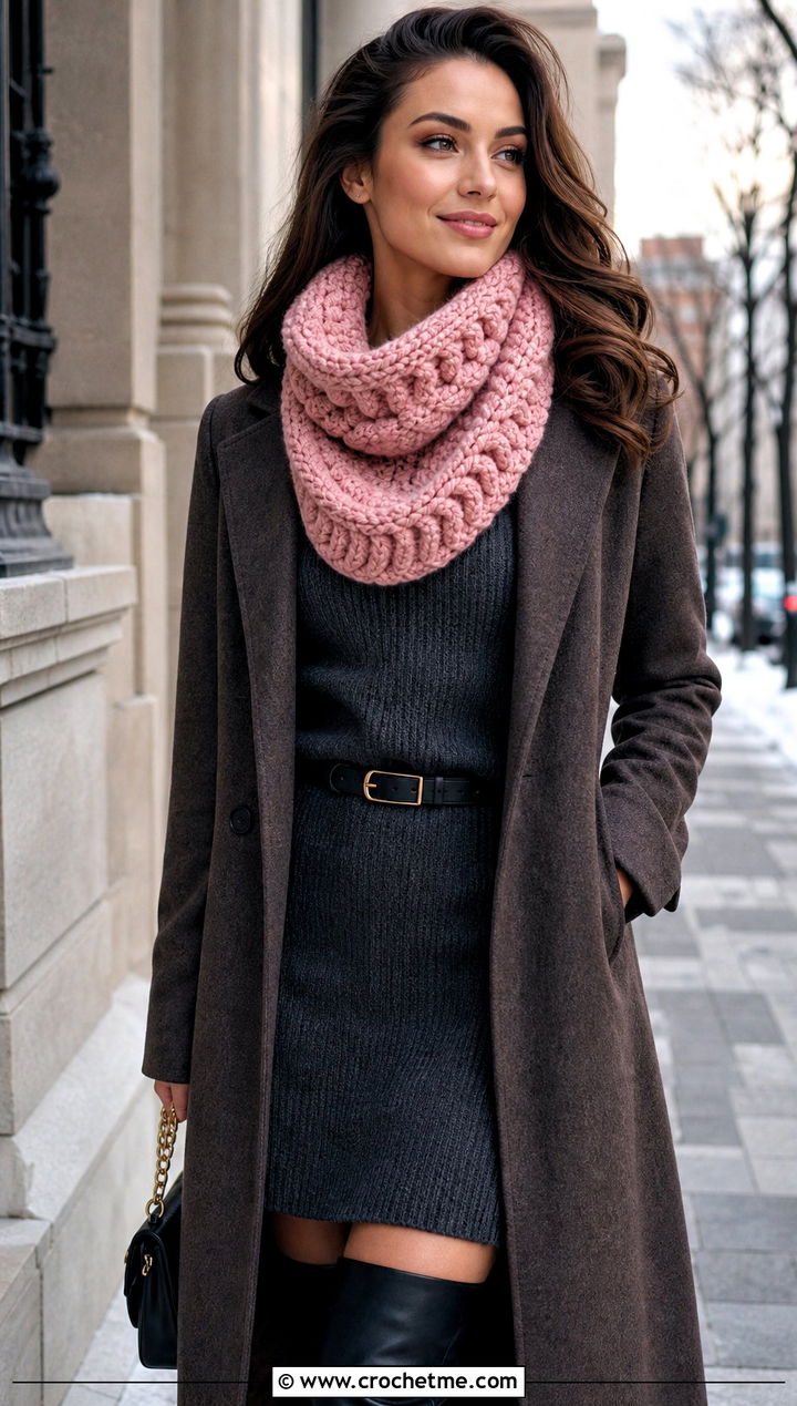Cable Ribbed Cowl With Sweater Dress - 20 Crochet Ribbed Cowl outfit ideas