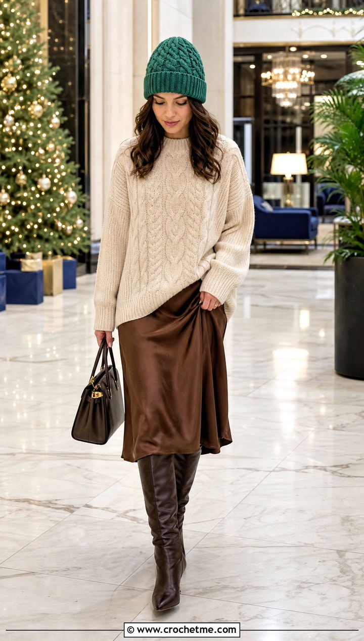 Cable Ribbed Crochet Beanie With Cable Knit Sweater - 35 ribbed crochet hat outfit ideas