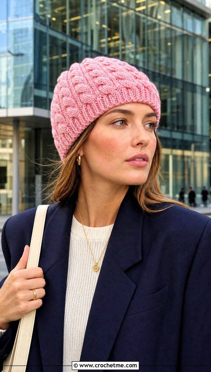 Cable Short Row Crochet Hat With Tailored Blazer - 25 short row crochet hat outfit ideas