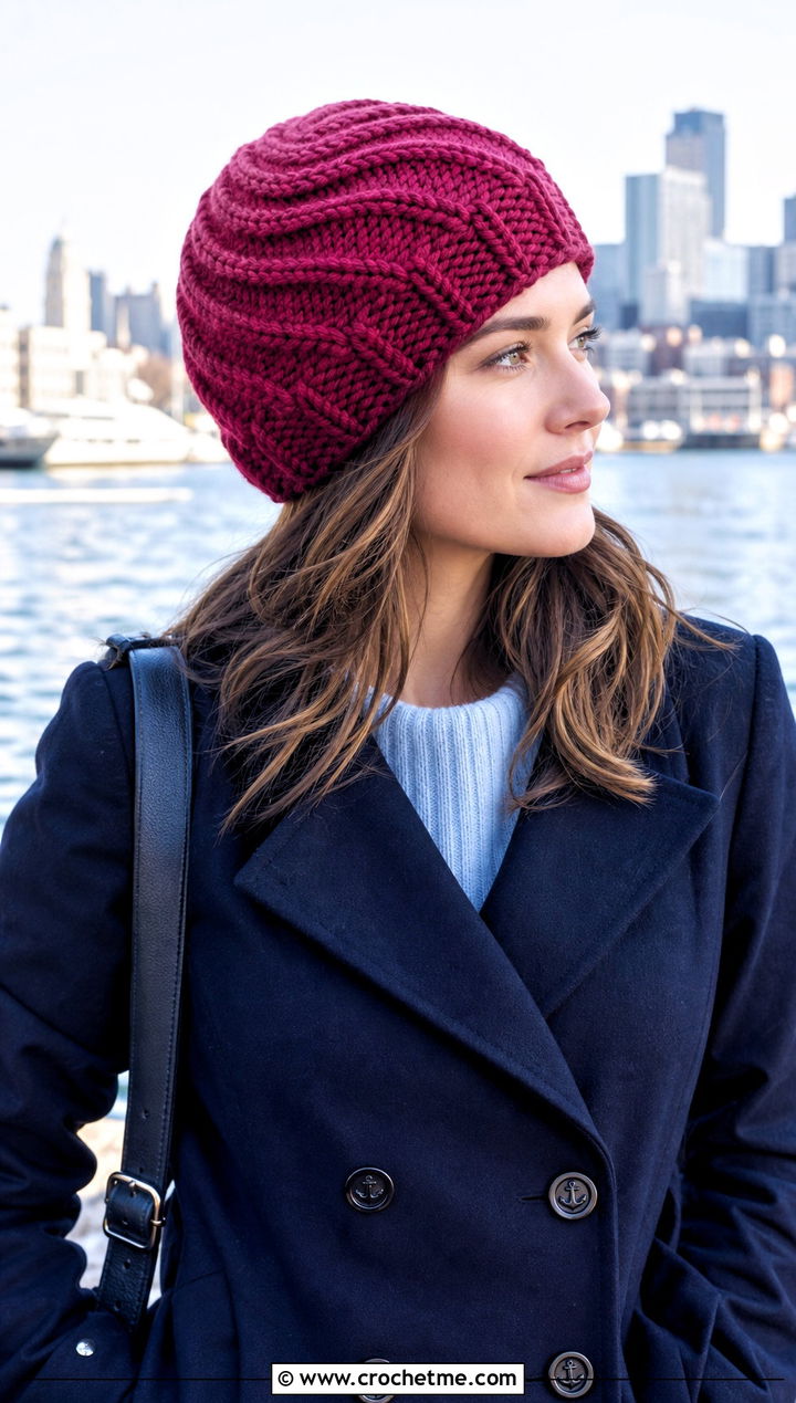 Cable Spiral Crochet Hat With Peacoat - 25 Spiral Crochet Hat outfit ideas