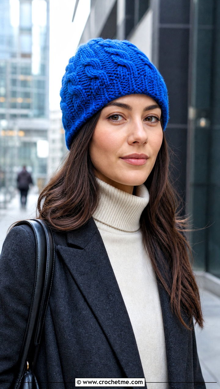 Cable Stitch Beanie With Blazer And Tailored Trousers - 30 crochet stitch hat outfit ideas