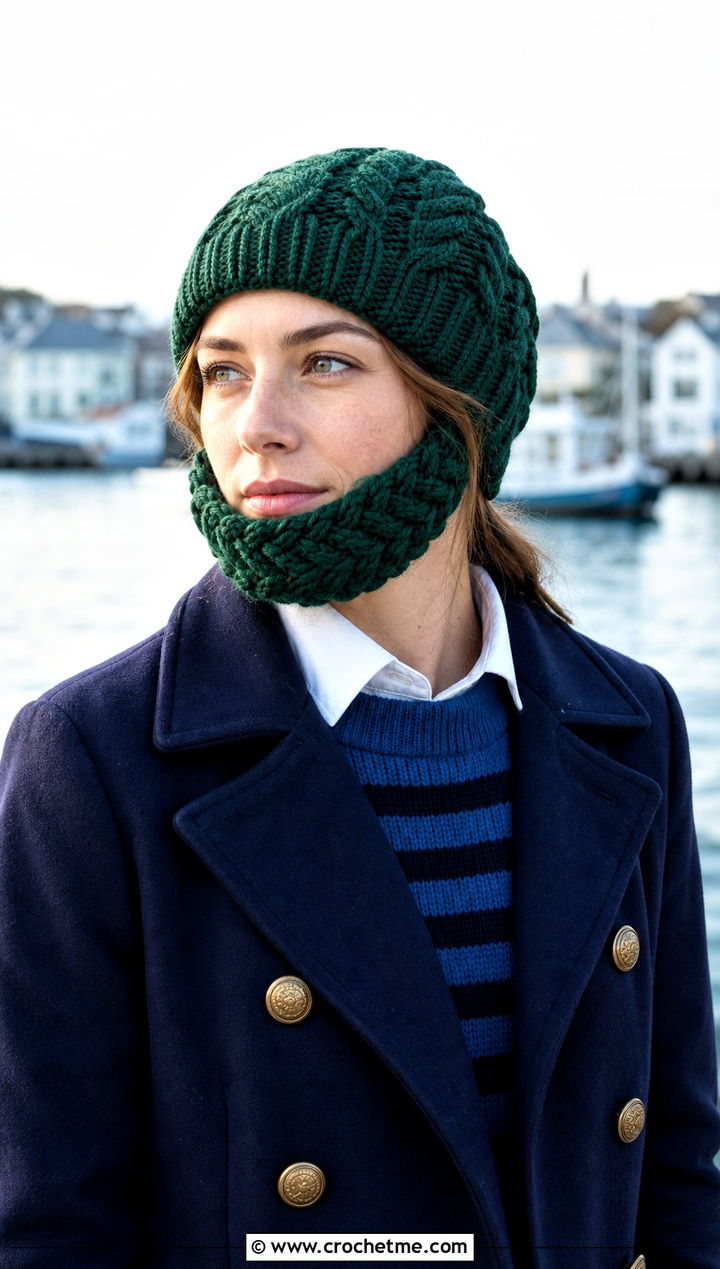 Cable Stitch Beard Crochet Beanie With Peacoat - 25 Beard Crochet Hat outfit ideas