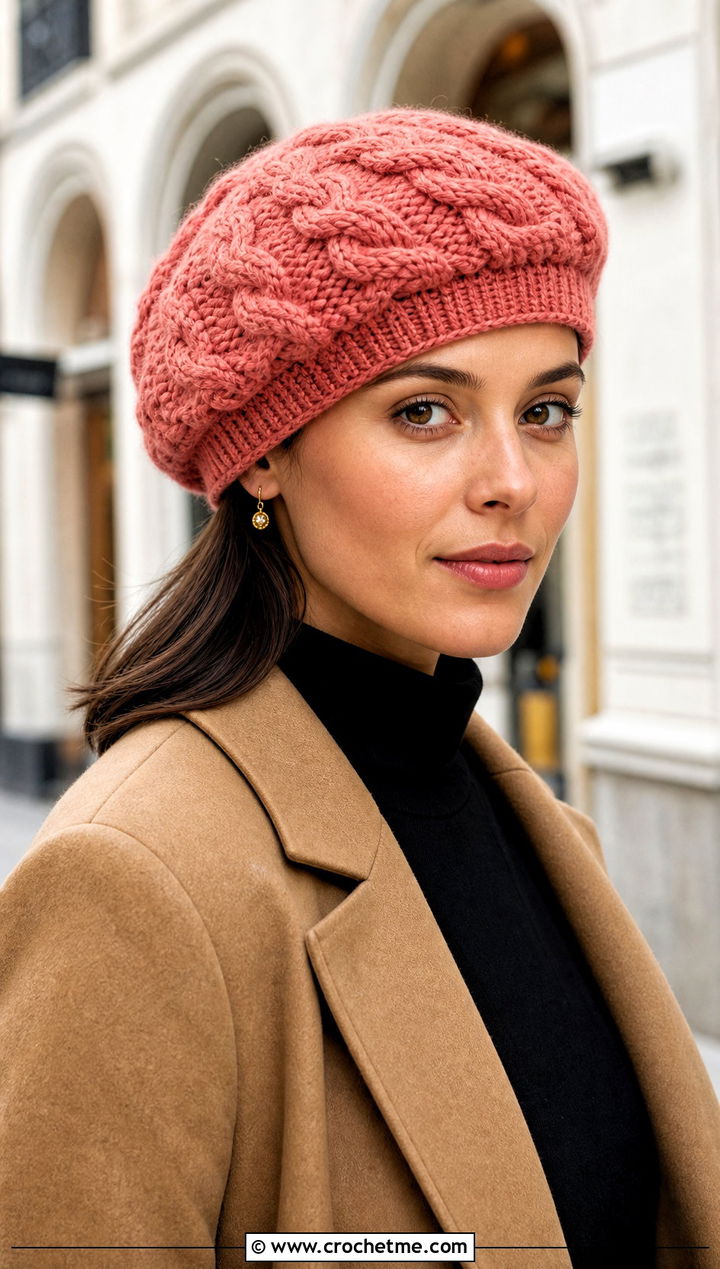 Cable Stitch Beret With Tailored Coat - 25 Crochet Cable Stitch Hat outfit ideas