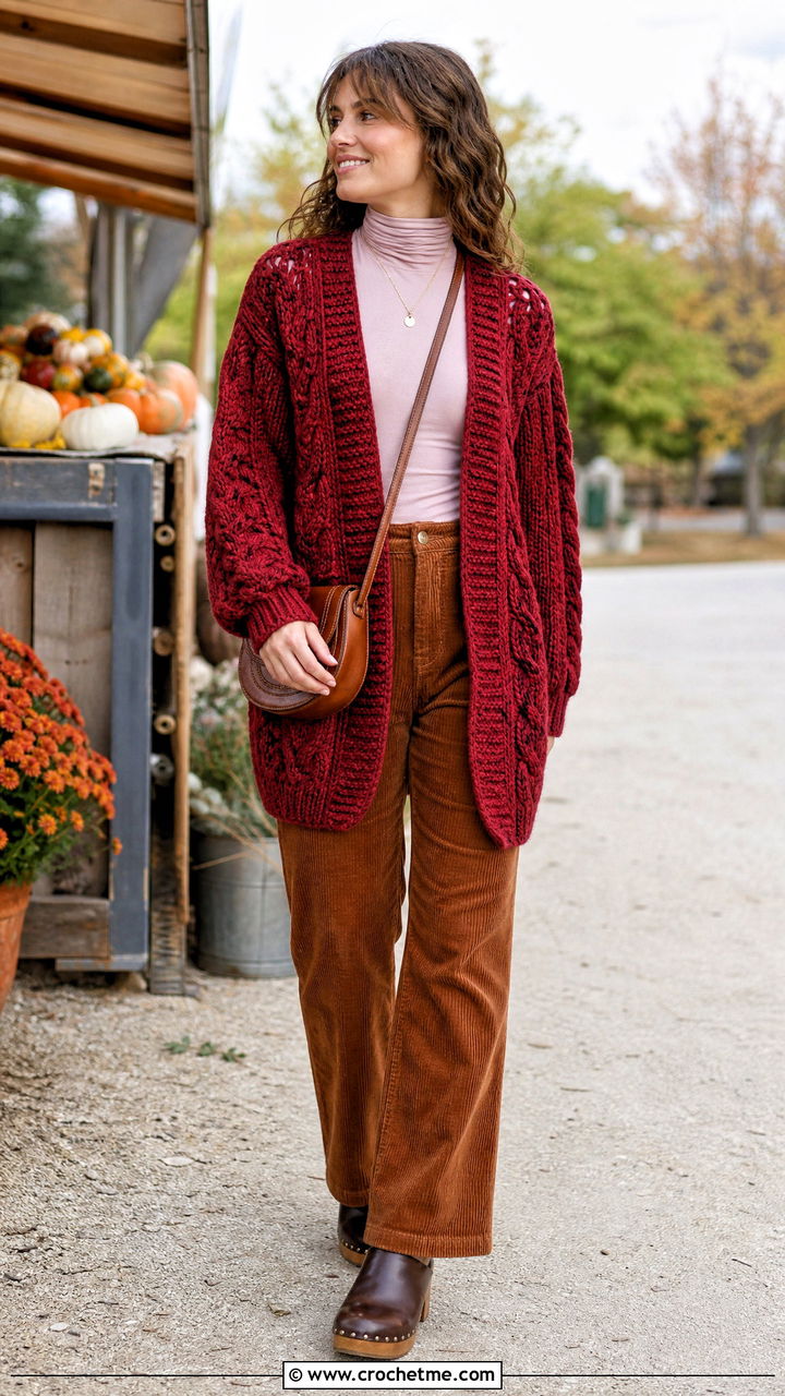Cable Stitch Boho Crochet Cardigan With Corduroy Pants - 35 Boho Crochet Cardigan outfit ideas