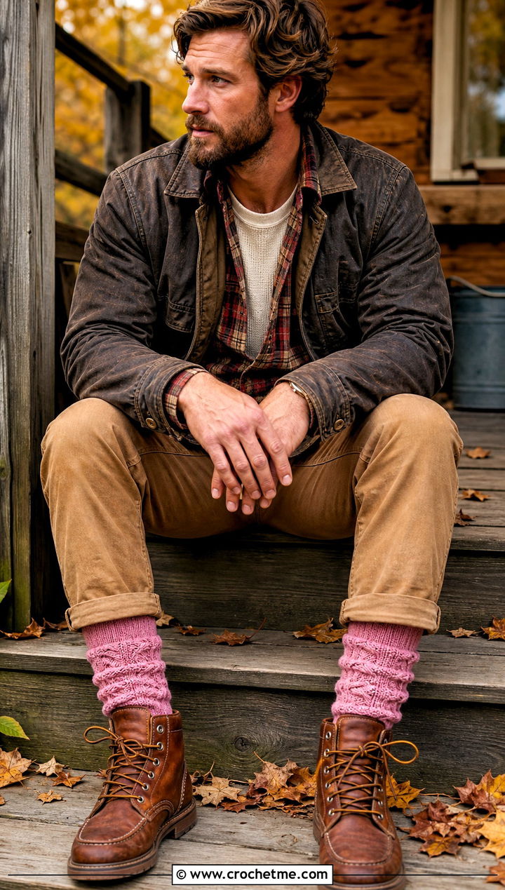 Cable Stitch Boot Crochet Socks With Workwear Pants - 25 Mens Crochet Socks outfit ideas