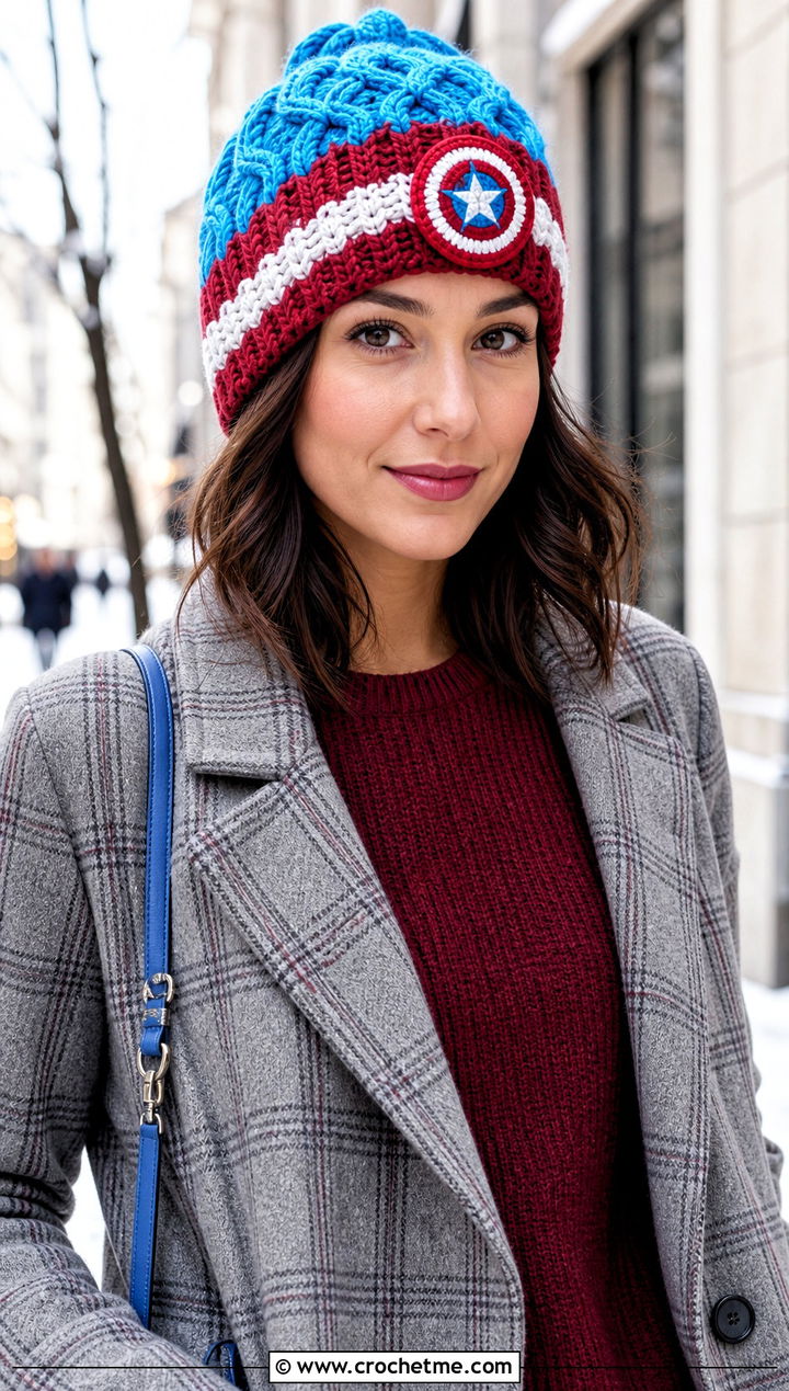 Cable Stitch Captain America Crochet Beanie With Plaid Coat - 15 Captain America Crochet Beanie outfit ideas