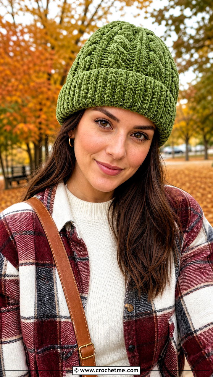 Cable Stitch Chenille Beanie With Fall Layers - 30 crochet chenille hat outfit ideas