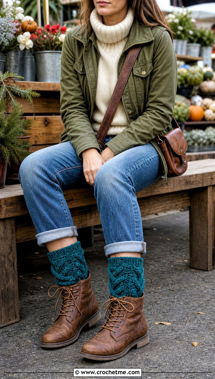 Cable Stitch Chunky Crochet Boot Socks With Straight Jeans - 25 Chunky Crochet Socks outfit ideas