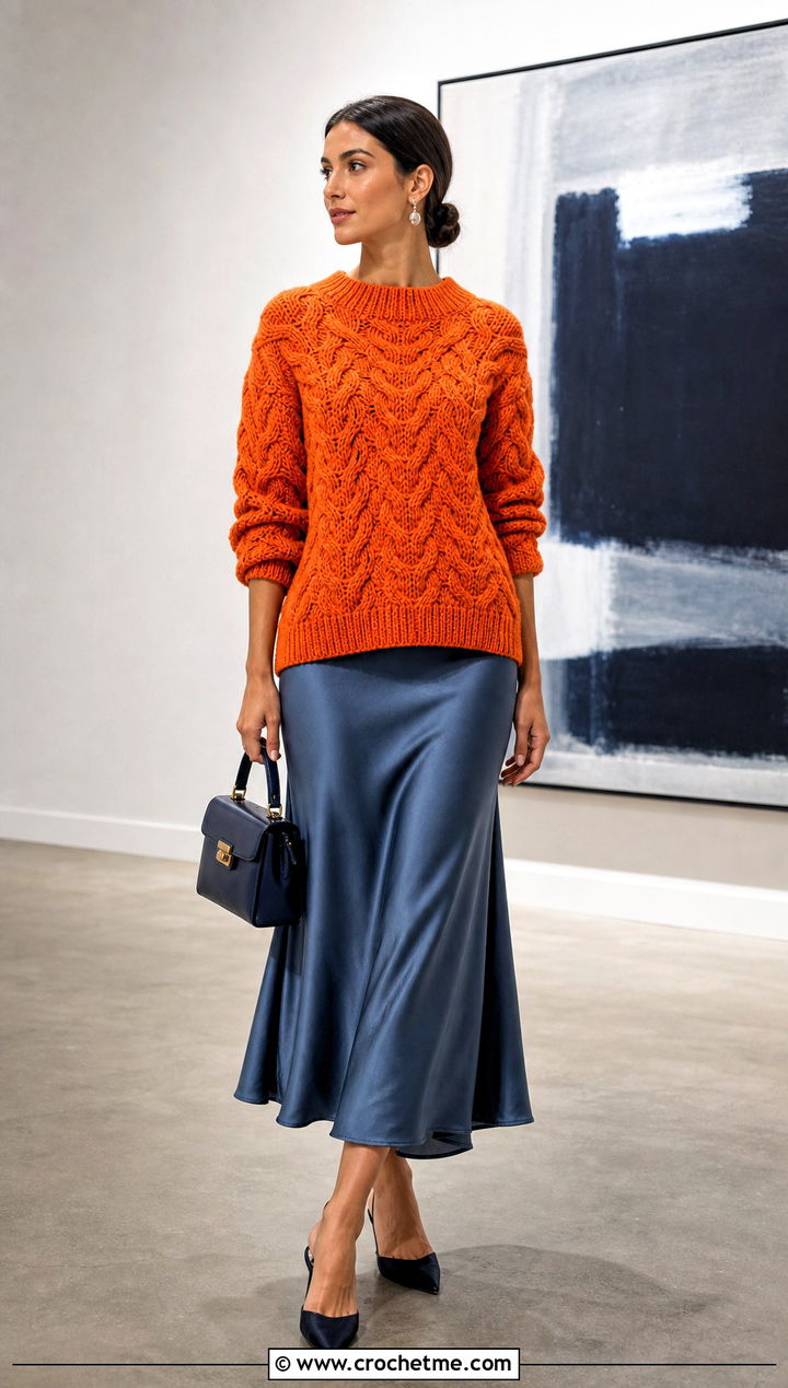 Cable Stitch Chunky Crochet Sweater With Satin Slip Skirt - 25 Easy Chunky Crochet Sweater outfit ideas
