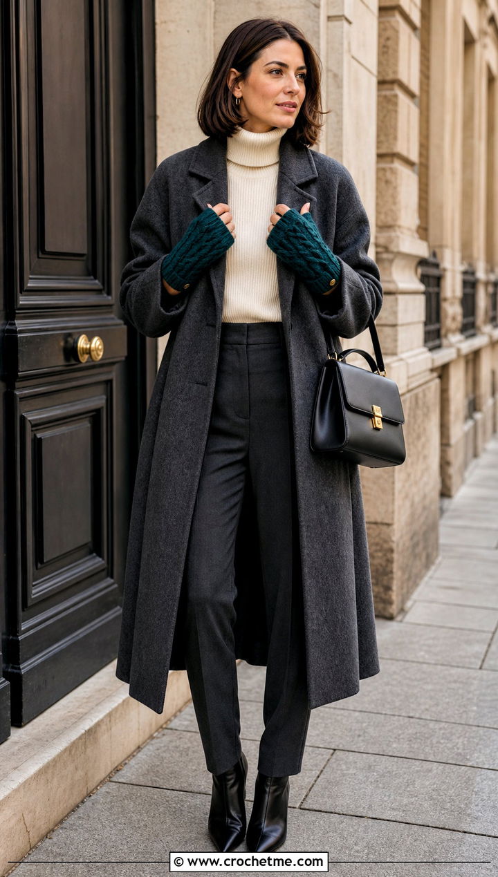 Cable Stitch Convertible Mittens With Wool Coat and Trousers - 20 Convertible Crochet Gloves outfit ideas