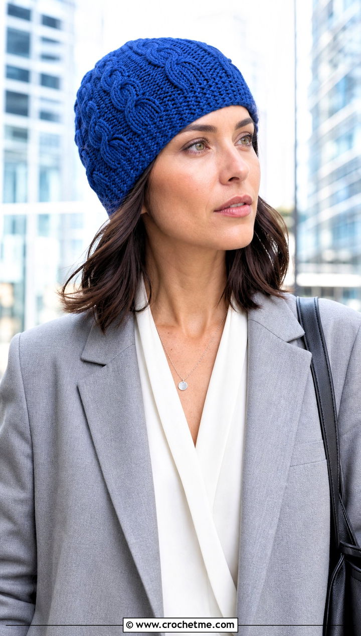 Cable Stitch Crochet Beanie With Blazer And Wide Leg Trousers - 25 Crochet Beanie Size 4 Yarn outfit ideas