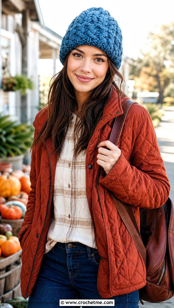 Cable Stitch Crochet Beanie With Quilted Jacket - 25 Women Crochet Beanie outfit ideas